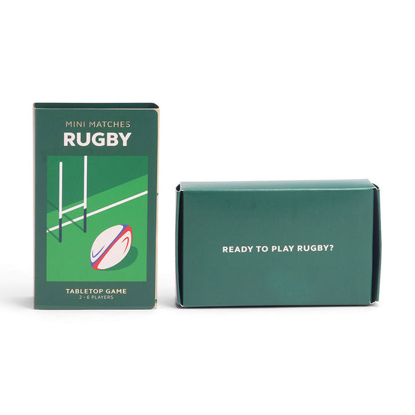 Green packaging for Mini Matches Rugby, the inner carton reads "Ready To Play Rugby?"
