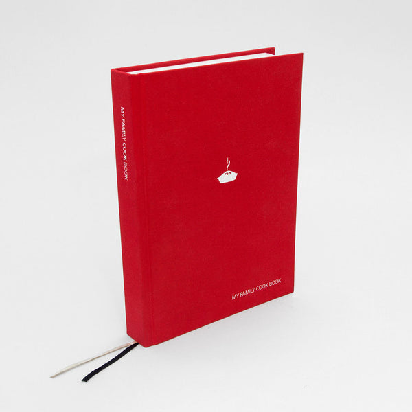 Red cook book with white text and a pie logo on a white background