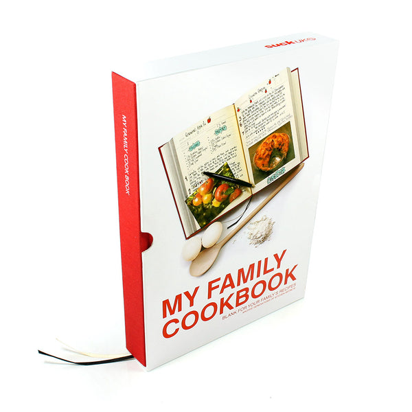 Cookbook titled 'My Family Cookbook' with images of food on a white background
