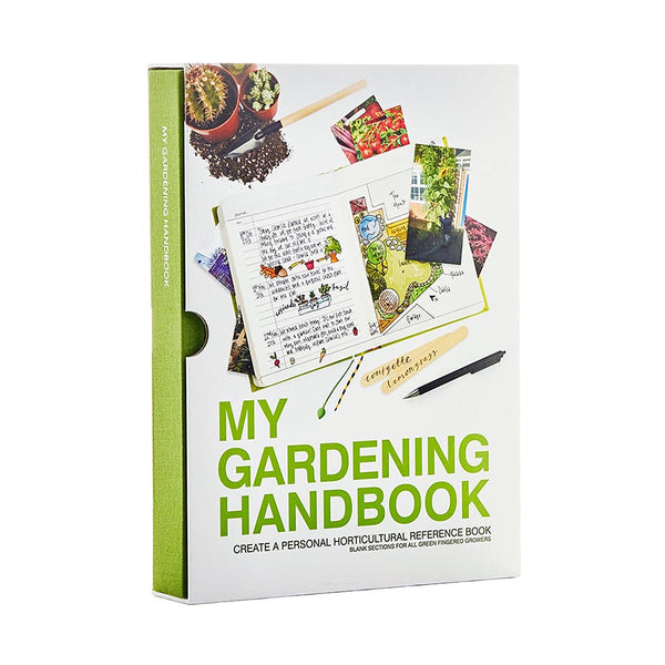 Green book titled 'My Gardening Handbook' with gardening-themed illustrations on a white background