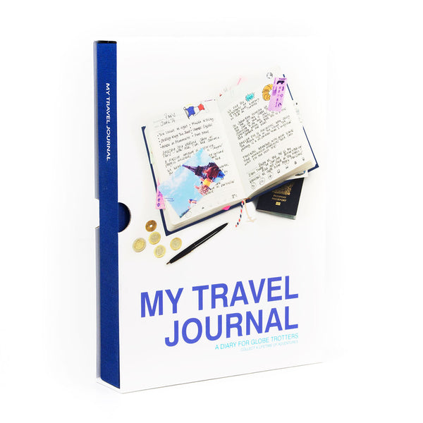 Travel journal with colorful illustrations and a pen on a white background