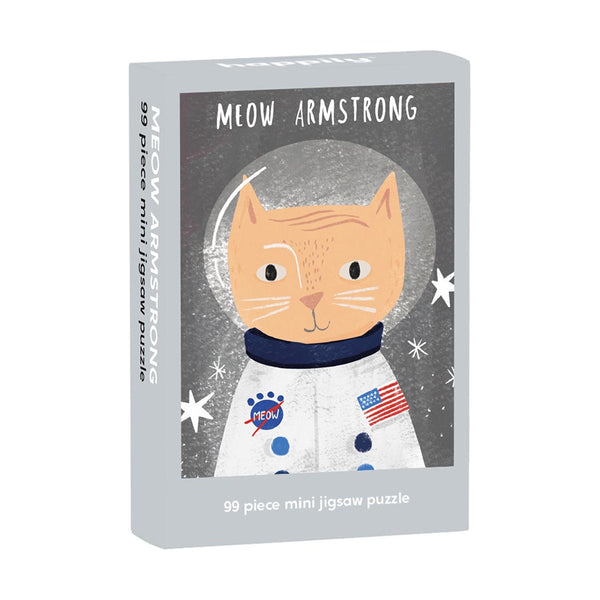 Jigsaw puzzle box with a cat in an astronaut suit design on a grey background