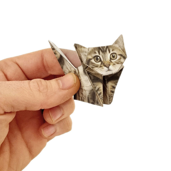 Hand holding an origami cat on a white background