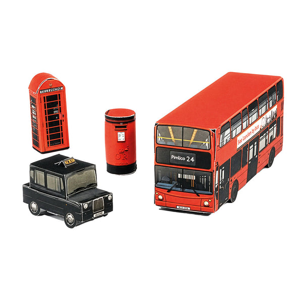 A red London bus, black taxi, red telephone box and royal mail post box all made from paper on a white background