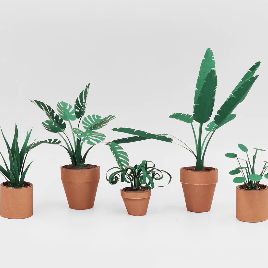 Set of five paper plants with pots on a light grey background