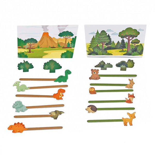 A colourful dinosaur backdrop and dinosaur characters, next to a forest animals backdrop with animal characters.