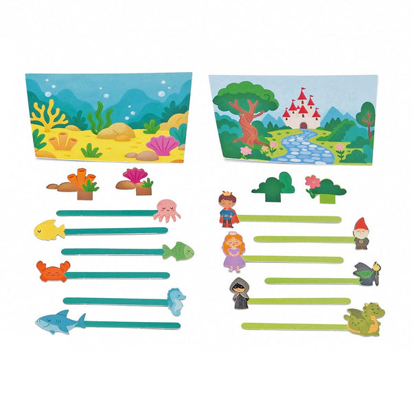 A sea life backdrop with fish characters, next to a fairytale backdrop with fairytale characters.