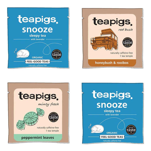 Four teapigs teas displayed against a white background