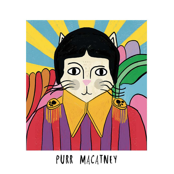 Colorful illustration of a cat with a human-like face against a sunshine background, featuring the text 'Purr Macatney'.