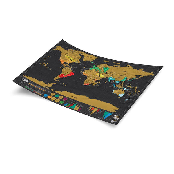 A scratch-off world map showing the colourful countries revealed underneath
