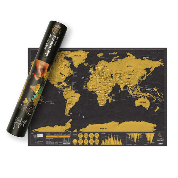 World map poster showing the black tube packaging on a white background