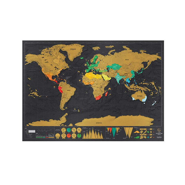 Scratch-off world map with colourful countries on a black background