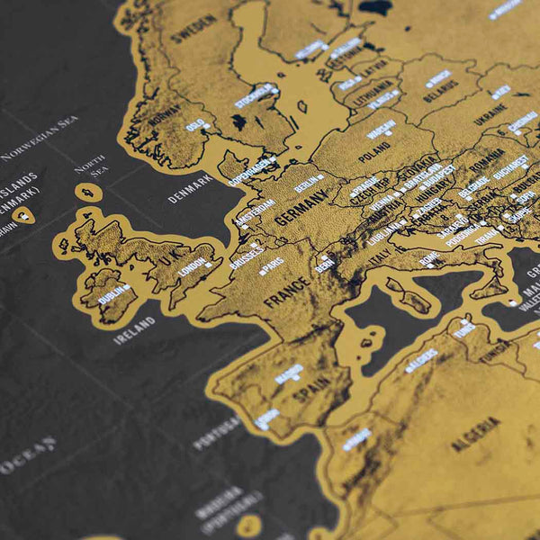 A close-up map of Europe with gold and black detailing 