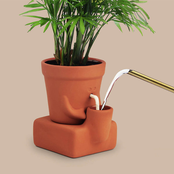 Somone pouring water into the ceramic planter, on a beige background.