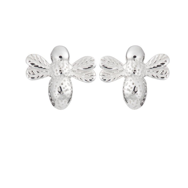 Two sterling silver bee stud earrings on a white background