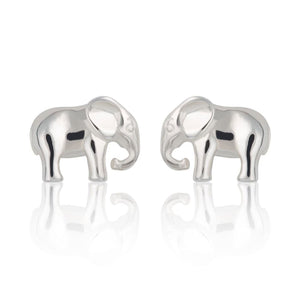 Two sterling silver elephant stud earings on a white background