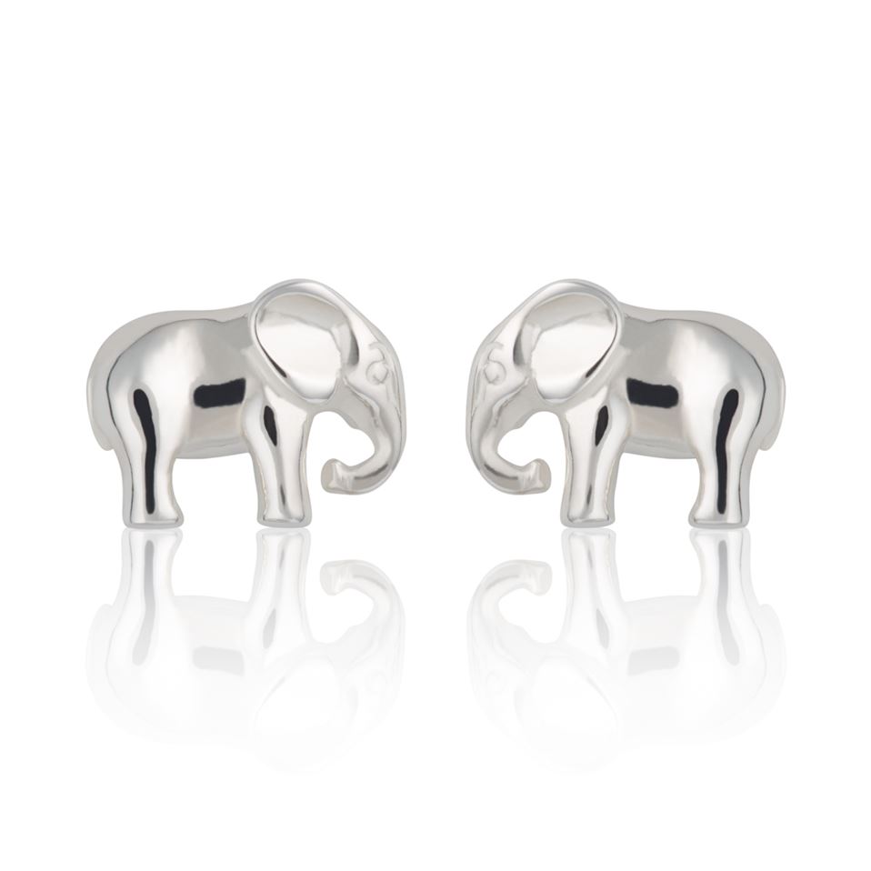 Two sterling silver elephant stud earrings on a white background
