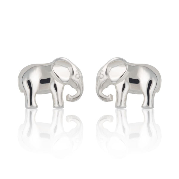 Two sterling silver elephant stud earrings on a white background