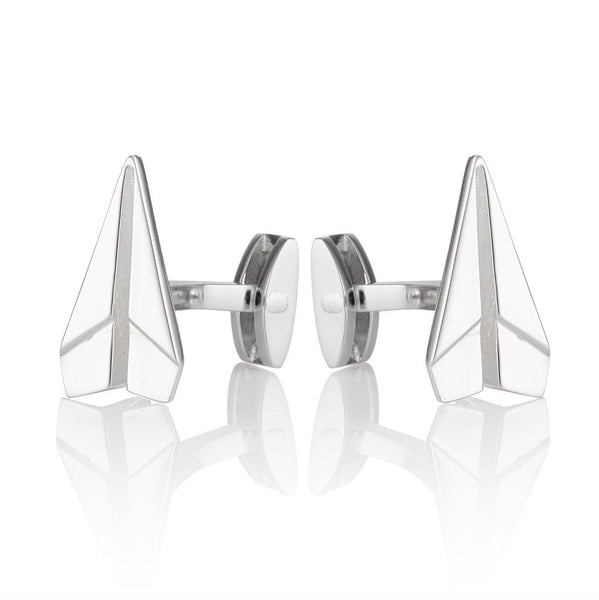 Two Silver paper plane cufflinks also on a white background