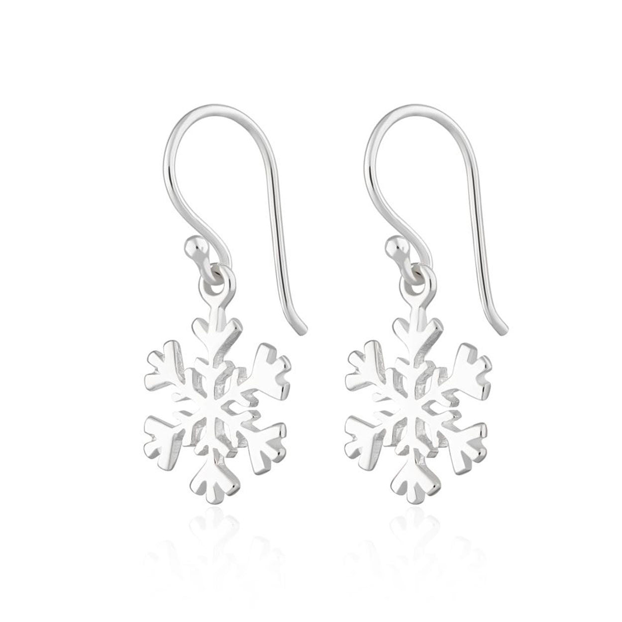 Two silver snowflake drop earrings on a white background