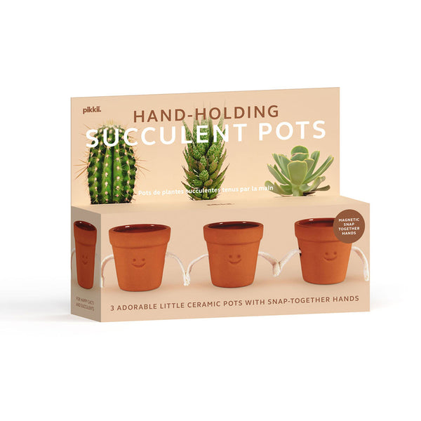 The gift box for the 'Hand-Holding Succulent Pots' with illustrations of cacti and succulents on a beige background.