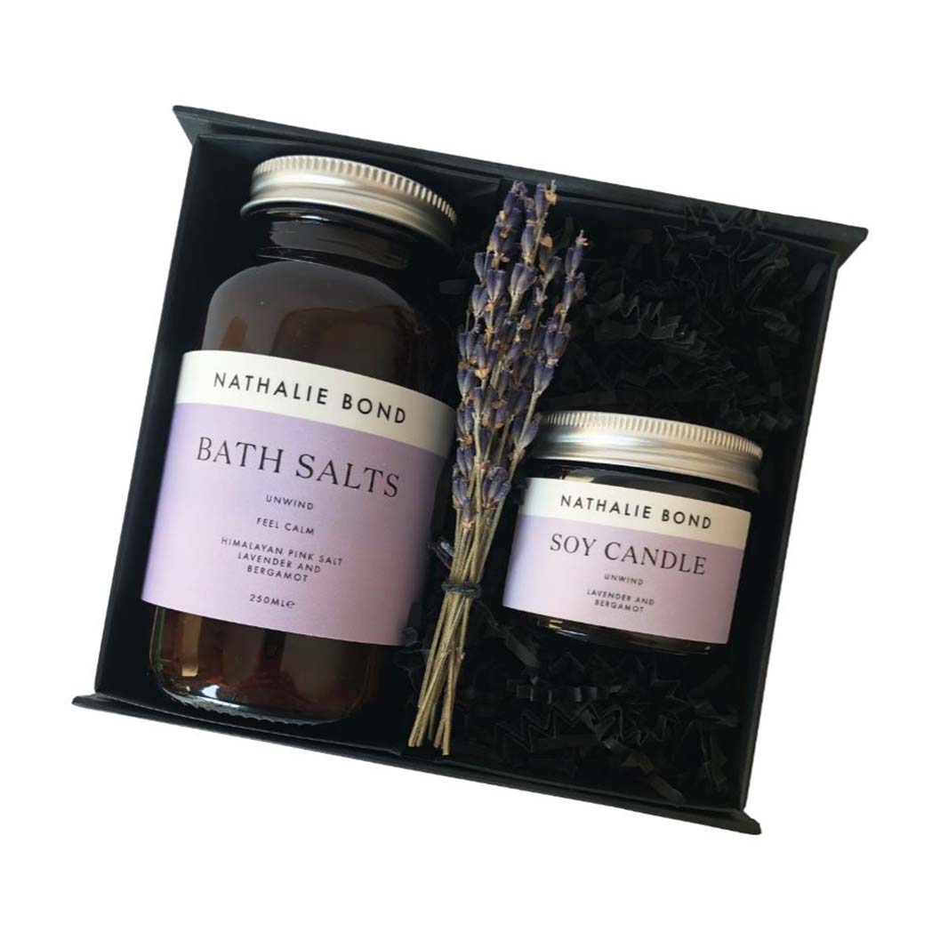 Bath salts and candle in a gift box