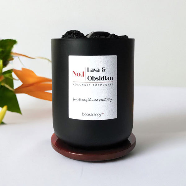 A lava rock essential oil diffuser with a plant in the background 