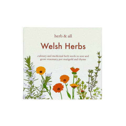 The packaging for a Welsh herbs seed box