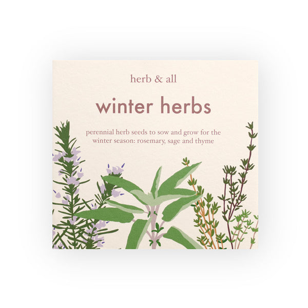 A white box with the words "Winter Herbs" and illustrations of herbs underneath