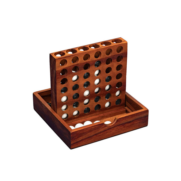 Wooden "Four" game board with holes and glass marbles inside, on a white background