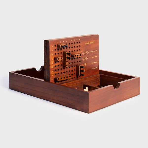 The wooden direct hit battleship game with playing pieces inserted