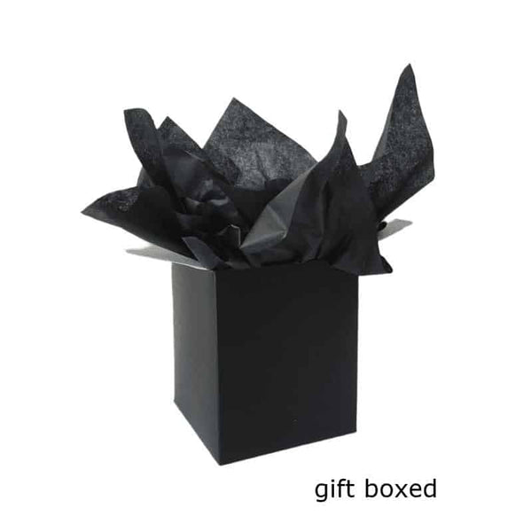 A black gift box with black paper tissue