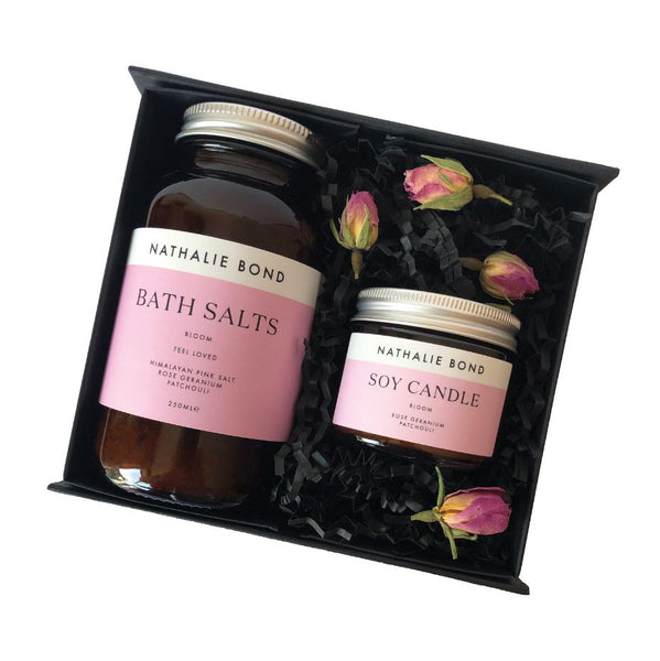 "Bloom" luxury bath gift set - floral bath salts & scented candle