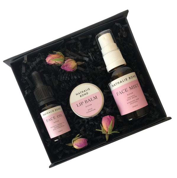 "Bloom" luxury skin care gift set - floral face oil, lip balm & face mist