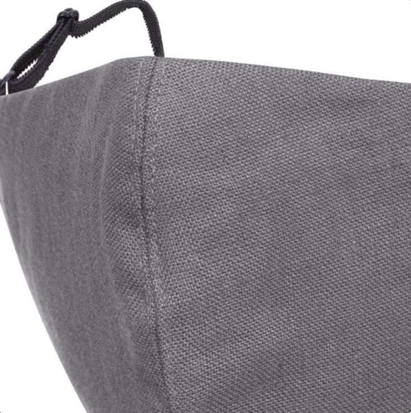 A close up shot of a grey linen face mask with a filter pocket