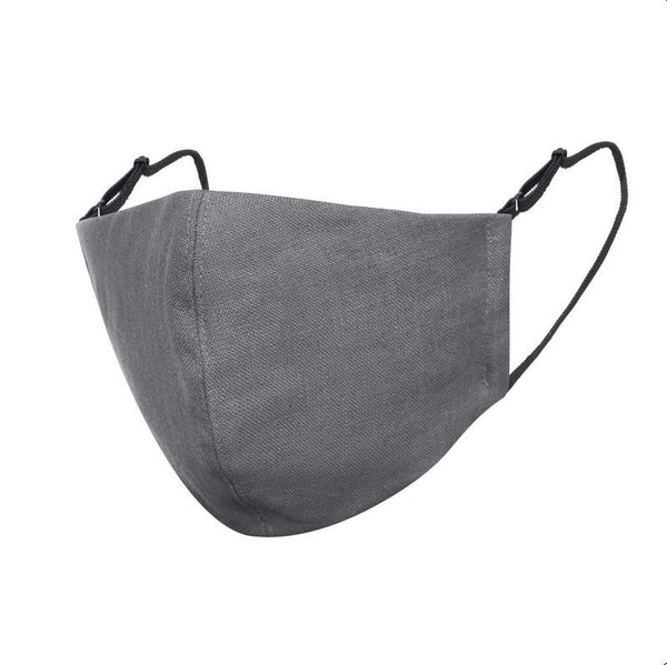 A grey linen face mask fitted with nose wire on a white background