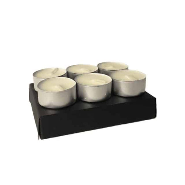 Six scented tea light candles sat on a black gift box