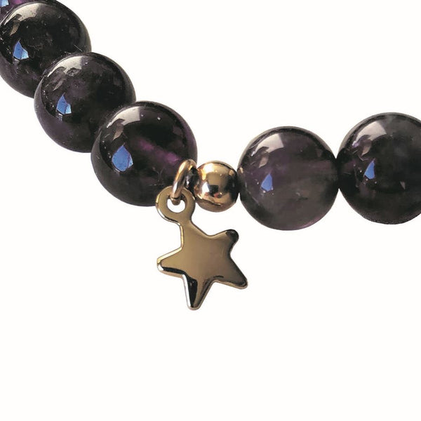 A close up shot of the purple amethyst stones and gold plated star charm