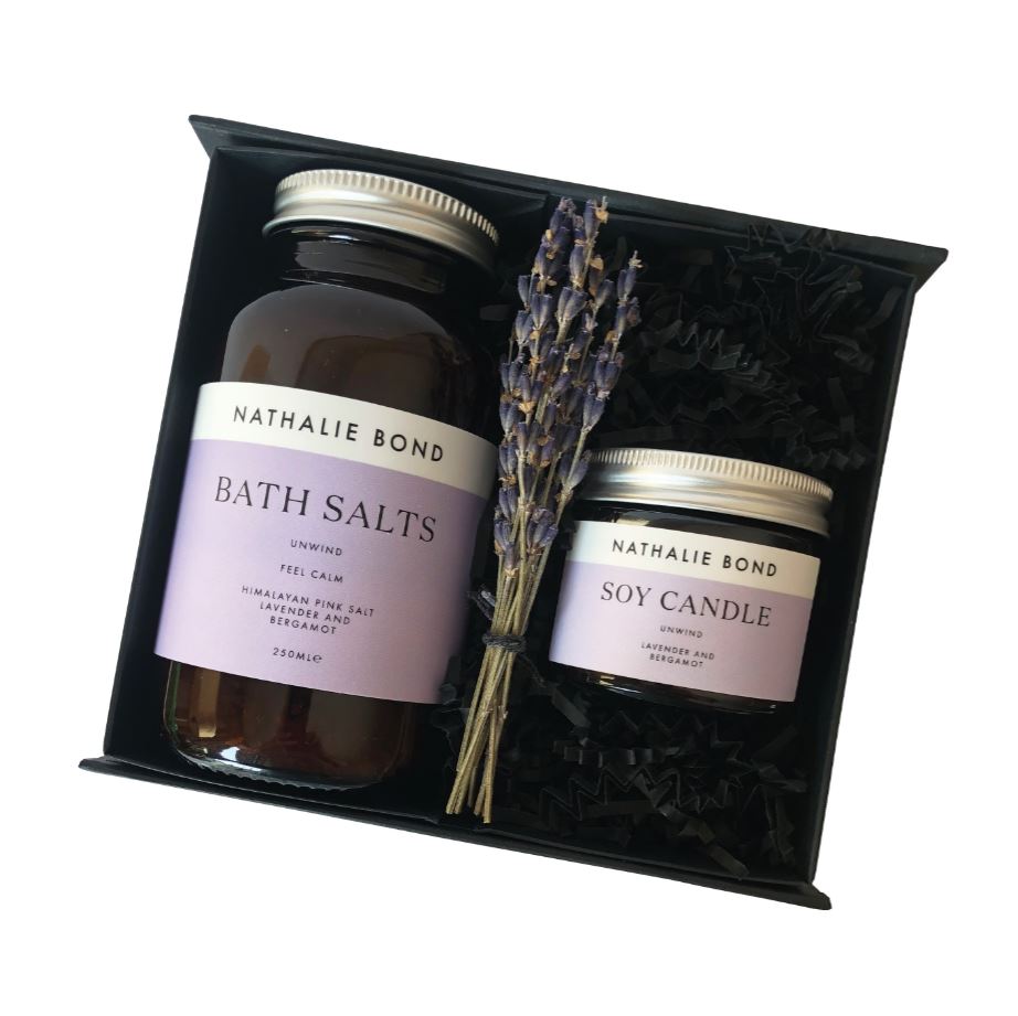 "Unwind" luxury bath gift set - lavender & bergamot bath salts & scented candle
