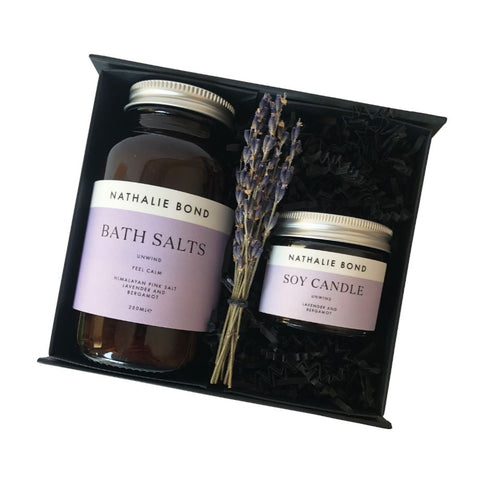 "Unwind" bath set - lavender & bergamot bath salts & candle